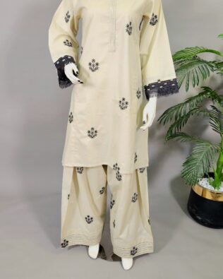 30588  Defected Cream White Boti Emb 2pc