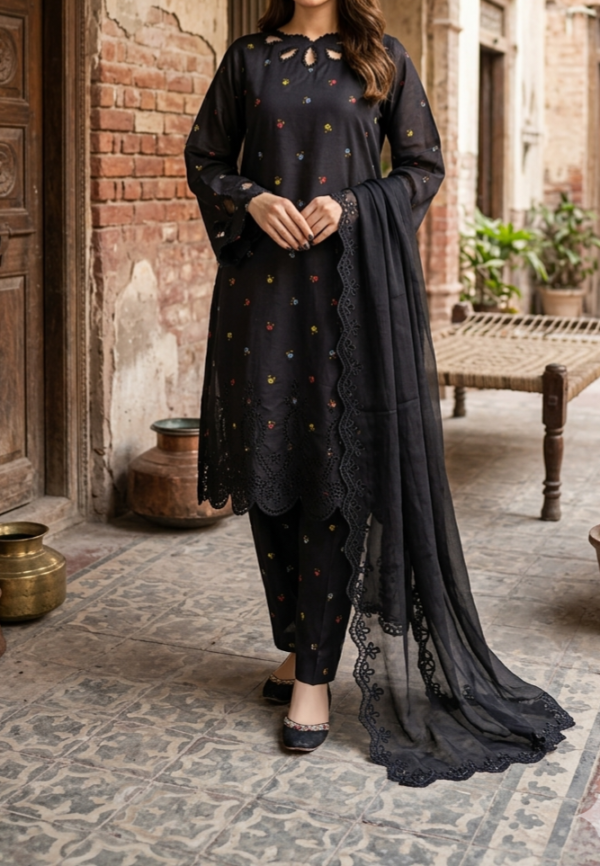 30924 Defected Multi chicken kari Print Black Boti 3pc