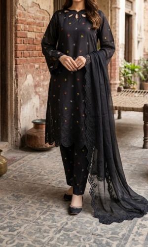 30924 Defected Multi chicken kari Print Black Boti 3pc