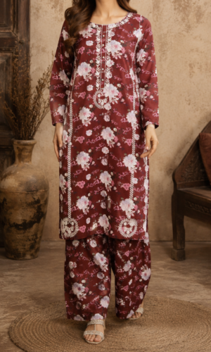 30984 Wine Mheroon Printed  2pc